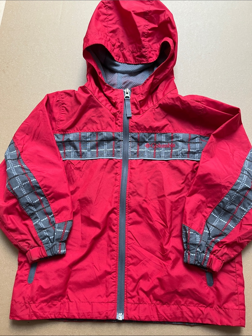 Columbia Kids Red Plaid Accent Waterproof Hooded Rain Jacket Windbreaker 4/5